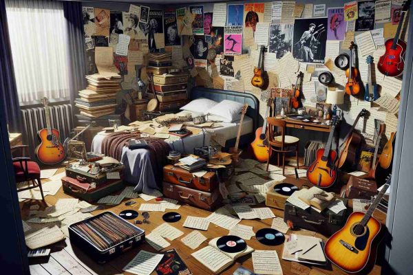 A high definition image showcasing the unexpected revelations found in a musician's hotel room. The room is filled with numerous instruments, sheet music scattered over a table, rare vinyl records, vintage concert posters, and bizarre collectibles. Closed suitcases stacked on one side hint at constant travel and the bed is unmade, a sign of a busy lifestyle. An open notebook with handwritten songs reveals the creative process. The room reflects a chaotic, yet intriguing blend of creativity and disarray, the hallmark of a dedicated musician.