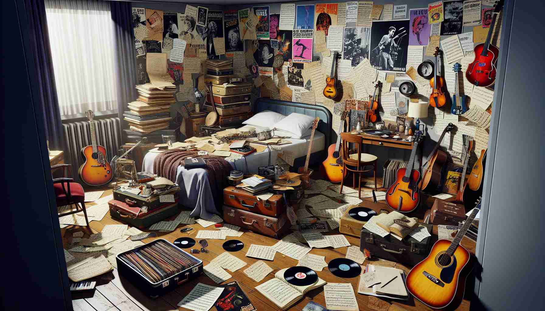 A high definition image showcasing the unexpected revelations found in a musician's hotel room. The room is filled with numerous instruments, sheet music scattered over a table, rare vinyl records, vintage concert posters, and bizarre collectibles. Closed suitcases stacked on one side hint at constant travel and the bed is unmade, a sign of a busy lifestyle. An open notebook with handwritten songs reveals the creative process. The room reflects a chaotic, yet intriguing blend of creativity and disarray, the hallmark of a dedicated musician.