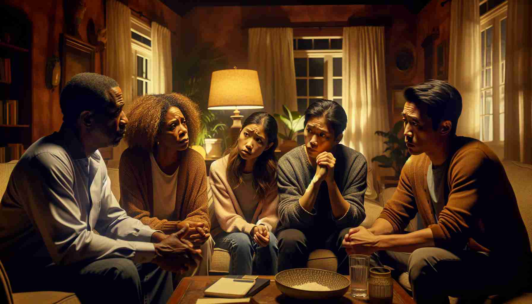 Generate an ultra-high definition image of a tense scene observed typically in a family drama television show. The scene unfolds during the primetime with several family members emotionally engaged in a serious conversation, each revealing their own emotions and sentiments. The surroundings depict a warm, cozy living room, illuminated by the soft glow of a table lamp. There are an African-American mother, an Asian father, a Hispanic teenage daughter, and a Caucasian son in the intense discussion, their faces reflecting worry, anticipation and a touch of suspense.