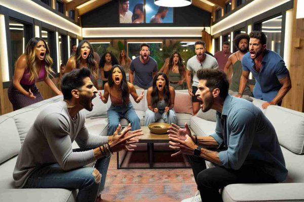 An ultra high-definition image showing a dramatic moment inside a generic reality show house. The scene is packed with emotional intensity, as two contestants, one South Asian man and one Hispanic woman, engage in a heated argument in the well-lit living room. Their fellow contestants, a Middle Eastern woman, a Caucasian man, and a Black man, watch in shock, dread, and anticipation, unsure of the outcome. All facial expressions and body languages convey high emotion, hinting at the seriousness of the situation.