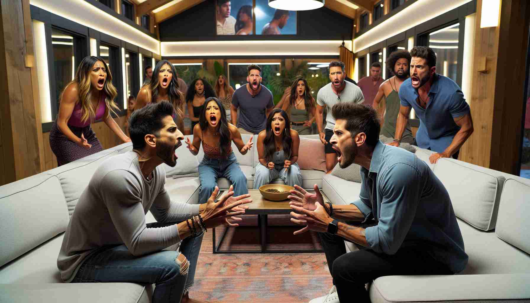 An ultra high-definition image showing a dramatic moment inside a generic reality show house. The scene is packed with emotional intensity, as two contestants, one South Asian man and one Hispanic woman, engage in a heated argument in the well-lit living room. Their fellow contestants, a Middle Eastern woman, a Caucasian man, and a Black man, watch in shock, dread, and anticipation, unsure of the outcome. All facial expressions and body languages convey high emotion, hinting at the seriousness of the situation.