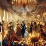 Create a realistic, high-definition image of an elegant masquerade ball taking place in celebration of a milestone birthday. The scene should be illuminated with soft, warm lighting, reflecting off elaborate masks that guests are wearing. Elegantly dressed individuals of diverse descents—Middle Eastern man, Caucasian woman, an African lady, a South Asian gentleman—can be seen elegantly dancing and mingling. Intricate details such as ornate decorations, flowing drapes, an opulently set table filled with exquisite food, and an awe-inspiring chandelier hanging from the ceiling in the grand ballroom add to the spectacle.