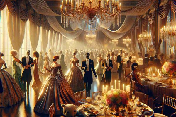 Create a realistic, high-definition image of an elegant masquerade ball taking place in celebration of a milestone birthday. The scene should be illuminated with soft, warm lighting, reflecting off elaborate masks that guests are wearing. Elegantly dressed individuals of diverse descents—Middle Eastern man, Caucasian woman, an African lady, a South Asian gentleman—can be seen elegantly dancing and mingling. Intricate details such as ornate decorations, flowing drapes, an opulently set table filled with exquisite food, and an awe-inspiring chandelier hanging from the ceiling in the grand ballroom add to the spectacle.