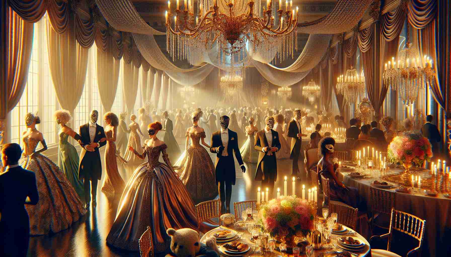 Create a realistic, high-definition image of an elegant masquerade ball taking place in celebration of a milestone birthday. The scene should be illuminated with soft, warm lighting, reflecting off elaborate masks that guests are wearing. Elegantly dressed individuals of diverse descents—Middle Eastern man, Caucasian woman, an African lady, a South Asian gentleman—can be seen elegantly dancing and mingling. Intricate details such as ornate decorations, flowing drapes, an opulently set table filled with exquisite food, and an awe-inspiring chandelier hanging from the ceiling in the grand ballroom add to the spectacle.