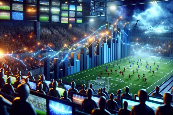 A realistic, high-definition visualization depicting the shifting viewing habits due to a high-profile football match causing a shake-up in television ratings. The scene could begin with a clustered bar graph showing the previous ratings of various television channels, embellished with 3D effects. The focus then transitions to the night of the football match, with ratings significantly tilting towards the channel airing the match. In the background, subtly hint at the eager anticipation and excitement of a diverse range of viewers globally.