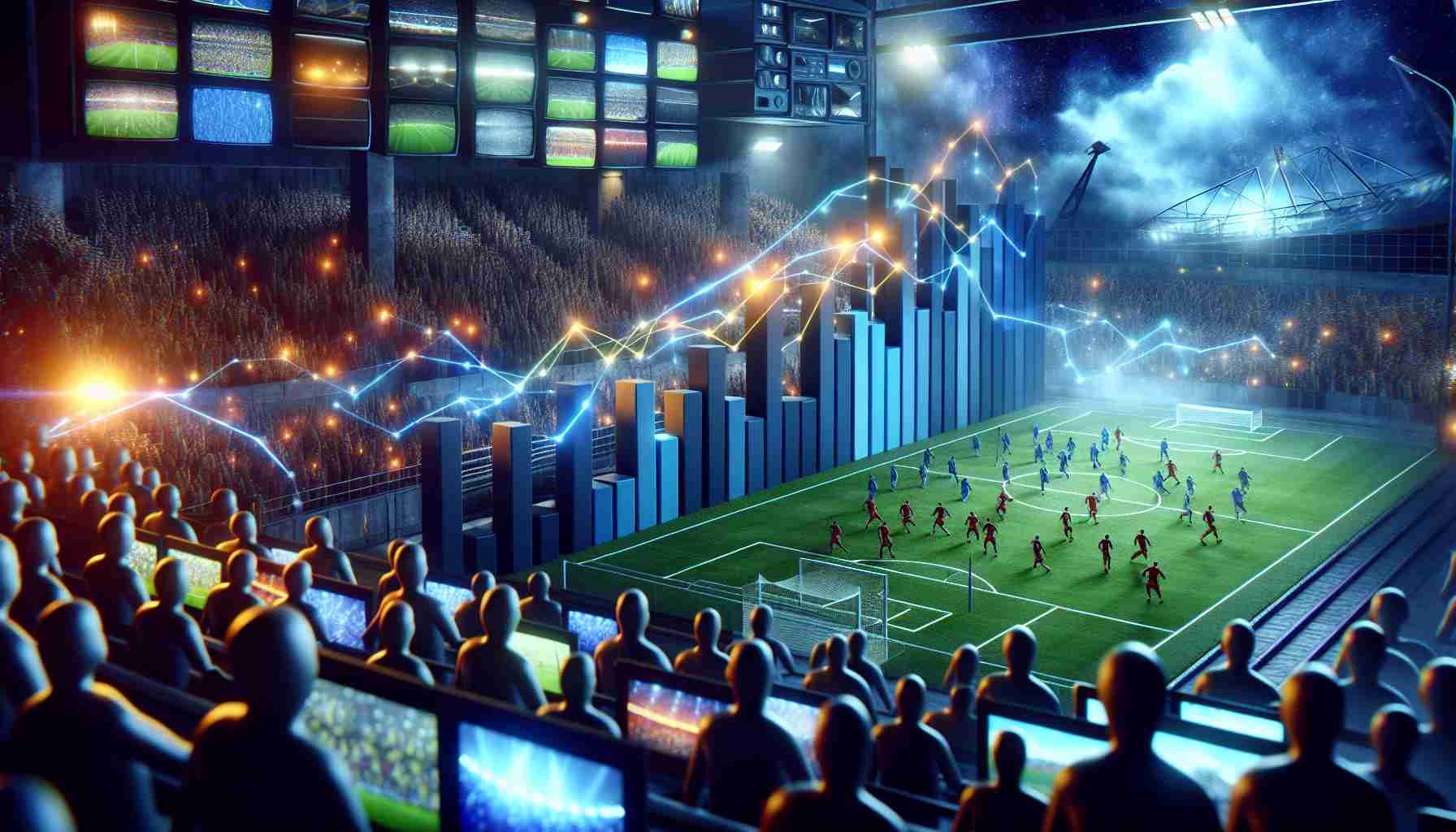 A realistic, high-definition visualization depicting the shifting viewing habits due to a high-profile football match causing a shake-up in television ratings. The scene could begin with a clustered bar graph showing the previous ratings of various television channels, embellished with 3D effects. The focus then transitions to the night of the football match, with ratings significantly tilting towards the channel airing the match. In the background, subtly hint at the eager anticipation and excitement of a diverse range of viewers globally.