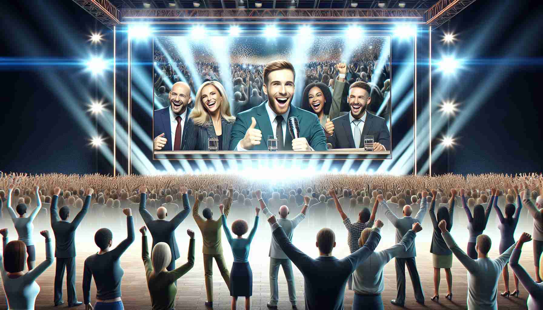 A high-definition, realistic image of a thrilling event capturing large audience. The scene features hosts, similar to those found in a popular talk show environment. Everyone is eagerly watching the program while the hosts display a triumphant demeanor, signifying a victorious moment. The portrayal includes an array of emotions from excitement to anticipation amongst the viewers, creating an electrifying atmosphere.