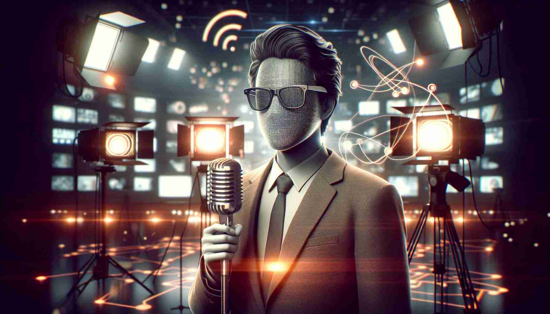 Generate a realistic HD photo of an influential male television host with dark hair and a noticeable sense of humor, who has unintentionally made a significant impact on television programming. This figure is seen standing with a microphone in a television studio filled with lights and cameras. Display a background suggesting alterations in program schedules, content and genres represented symbolically through abstract designs and patterns. As a distinctive feature of this anonymous host, include a pair of stylish glasses on his face.