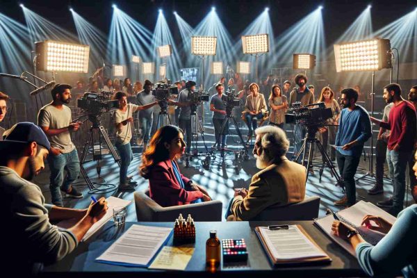 Imagine an ultra-high-definition photo of a brand new, exciting scene in the world of reality television. In this image, the bustling production set comes to life. There are focus lights illuminating the stage where participants, a young South Asian woman and an elderly Middle Eastern man, are engaging in a lively discussion. A team of diverse mixed descent individuals can be seen in the background, managing cameras, adjusting microphones and running scripts. Notes and scripts are scattered across tables, reflecting the chaotic yet exciting atmosphere that defines the launch of a new reality TV chapter.