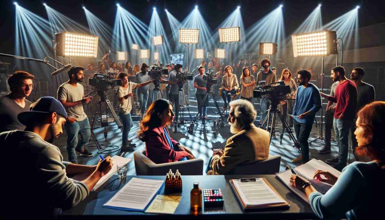 Imagine an ultra-high-definition photo of a brand new, exciting scene in the world of reality television. In this image, the bustling production set comes to life. There are focus lights illuminating the stage where participants, a young South Asian woman and an elderly Middle Eastern man, are engaging in a lively discussion. A team of diverse mixed descent individuals can be seen in the background, managing cameras, adjusting microphones and running scripts. Notes and scripts are scattered across tables, reflecting the chaotic yet exciting atmosphere that defines the launch of a new reality TV chapter.