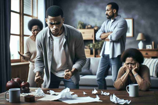 Create a high-definition, realistic image that symbolizes a family drama unfolding: focus on a son's betrayal. Show a distraught mother, of Black descent, and a stern father, of Hispanic descent, caught in intense argument with their young adult son, of mixed descent. Use subtle details around the room such as dropped family photos, displaced furniture, and heightened emotions to highlight the theme of betrayal. Keep the atmosphere within the scene tense and poignant, capturing the essence of a dramatic family dispute.