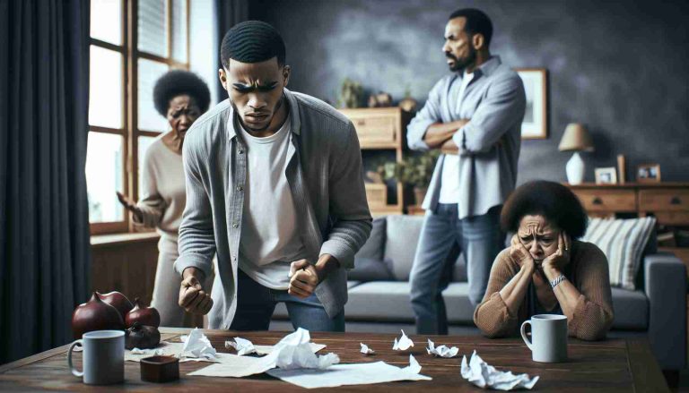 Create a high-definition, realistic image that symbolizes a family drama unfolding: focus on a son's betrayal. Show a distraught mother, of Black descent, and a stern father, of Hispanic descent, caught in intense argument with their young adult son, of mixed descent. Use subtle details around the room such as dropped family photos, displaced furniture, and heightened emotions to highlight the theme of betrayal. Keep the atmosphere within the scene tense and poignant, capturing the essence of a dramatic family dispute.