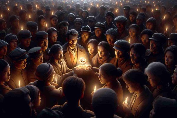 An HD quality, hyper-realistic image that symbolizes 'Hope Amidst Tragedy: Rallying Together in the Face of Adversity'. The scene should depict a diverse group of people, of different genders and descents, drawn together in solidarity and support. Faces should show sign of both concern and determination. The atmosphere should be grim, yet illuminated by the light of hope, symbolizing the idea that even in tragedy, there is prospect for a better future. The subjects perhaps hold a lit candle each or band together in a circle around a symbolic element, like a budding flower or dawning sun, which represents hope.