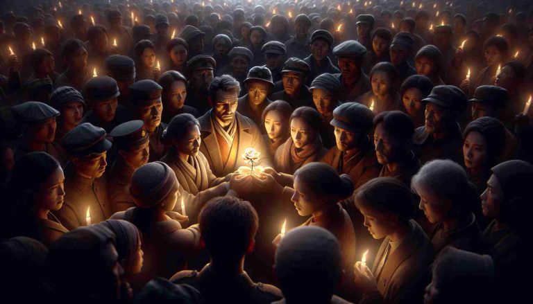 An HD quality, hyper-realistic image that symbolizes 'Hope Amidst Tragedy: Rallying Together in the Face of Adversity'. The scene should depict a diverse group of people, of different genders and descents, drawn together in solidarity and support. Faces should show sign of both concern and determination. The atmosphere should be grim, yet illuminated by the light of hope, symbolizing the idea that even in tragedy, there is prospect for a better future. The subjects perhaps hold a lit candle each or band together in a circle around a symbolic element, like a budding flower or dawning sun, which represents hope.