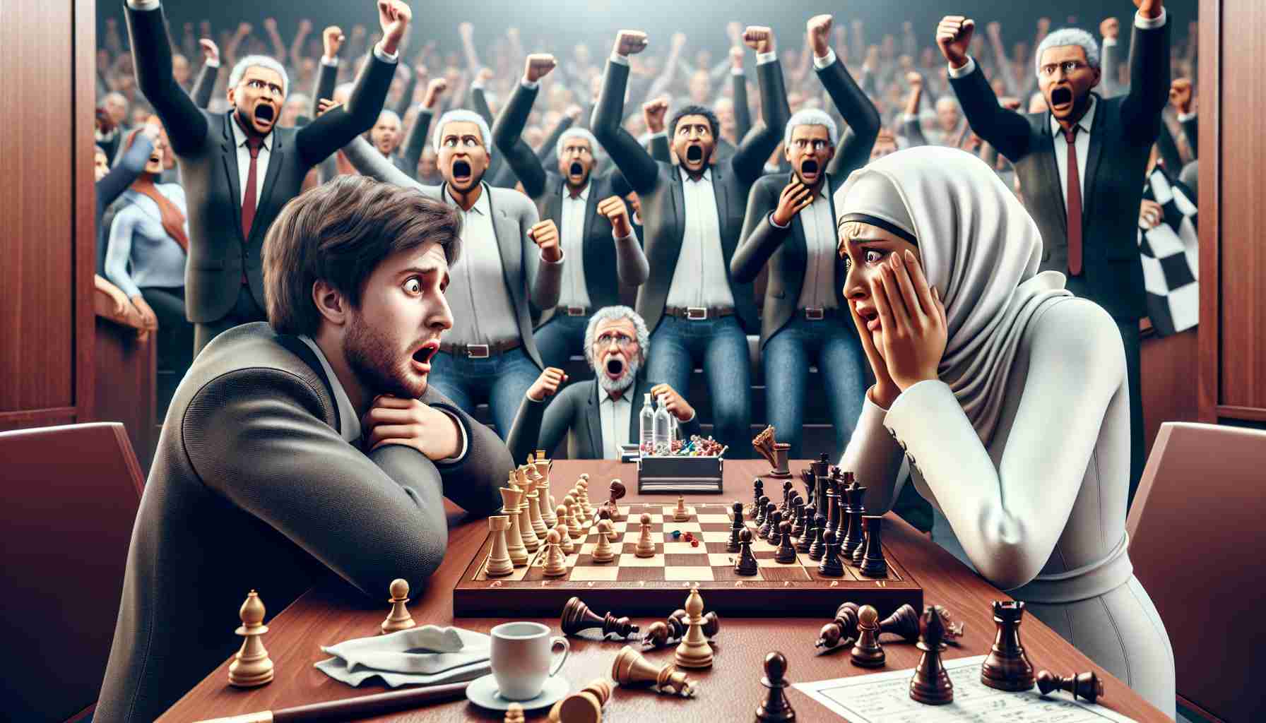 Realistic HD image showing an unexpected victory moment at an international chess championship. A chessboard is set up in the center with pieces scattered around. Two players, a Caucasian man and a Middle-Eastern woman, are seated across each other. They portray a wide range of emotions: the man has an expression of utter surprise and shock, unable to comprehend his defeat, whereas the woman, the underdog in this match, has an expression of humble triumph. The spectators in the background are in a frenzy of excitement.