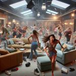 High definition, realistic image of an intense scene inside a reality television show house. A contestant, an Asian woman, has initiated the evacuation protocol, causing chaos and drama to unfold. Housemates rush in all directions; part confusion and part fear visible on their faces. The living room is in disarray, with furniture tipped over and personal belongings scattered around. The emergency lights are flashing, adding an ominous ambience to the scene.