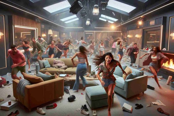 High definition, realistic image of an intense scene inside a reality television show house. A contestant, an Asian woman, has initiated the evacuation protocol, causing chaos and drama to unfold. Housemates rush in all directions; part confusion and part fear visible on their faces. The living room is in disarray, with furniture tipped over and personal belongings scattered around. The emergency lights are flashing, adding an ominous ambience to the scene.