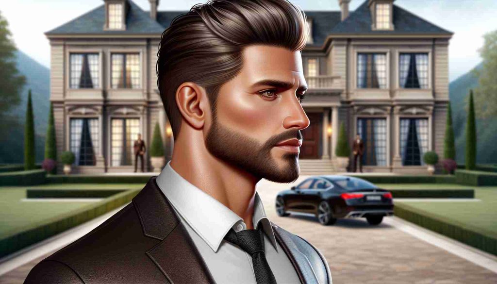 Create a realistic HD image of a man's profile. This man is well-known for his charismatic appeal. He has a muscular physique, trimmed facial hair, and a confident persona. His style is classy and he usually wears designer labels. His hair is styled in a contemporary manner with a polished finish. The backdrop is a luxurious mansion, indicating his affluent lifestyle.