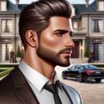 Create a realistic HD image of a man's profile. This man is well-known for his charismatic appeal. He has a muscular physique, trimmed facial hair, and a confident persona. His style is classy and he usually wears designer labels. His hair is styled in a contemporary manner with a polished finish. The backdrop is a luxurious mansion, indicating his affluent lifestyle.