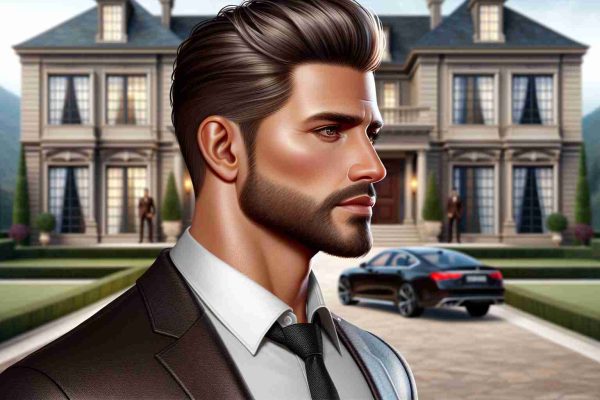 Create a realistic HD image of a man's profile. This man is well-known for his charismatic appeal. He has a muscular physique, trimmed facial hair, and a confident persona. His style is classy and he usually wears designer labels. His hair is styled in a contemporary manner with a polished finish. The backdrop is a luxurious mansion, indicating his affluent lifestyle.