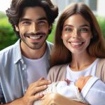 Realistic HD photo of a joyous couple, a Caucasian woman with brown hair and a Middle Eastern man with black hair, celebrating the arrival of their first baby