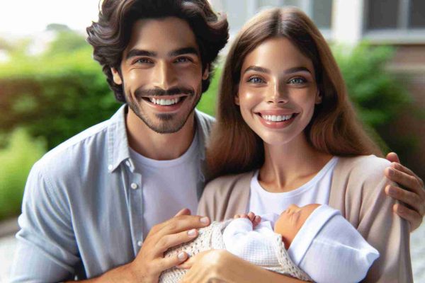 Realistic HD photo of a joyous couple, a Caucasian woman with brown hair and a Middle Eastern man with black hair, celebrating the arrival of their first baby