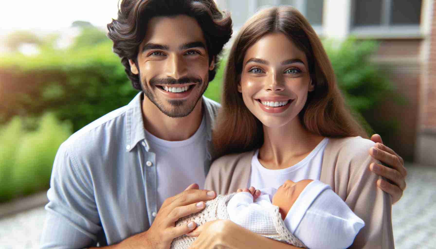 Realistic HD photo of a joyous couple, a Caucasian woman with brown hair and a Middle Eastern man with black hair, celebrating the arrival of their first baby