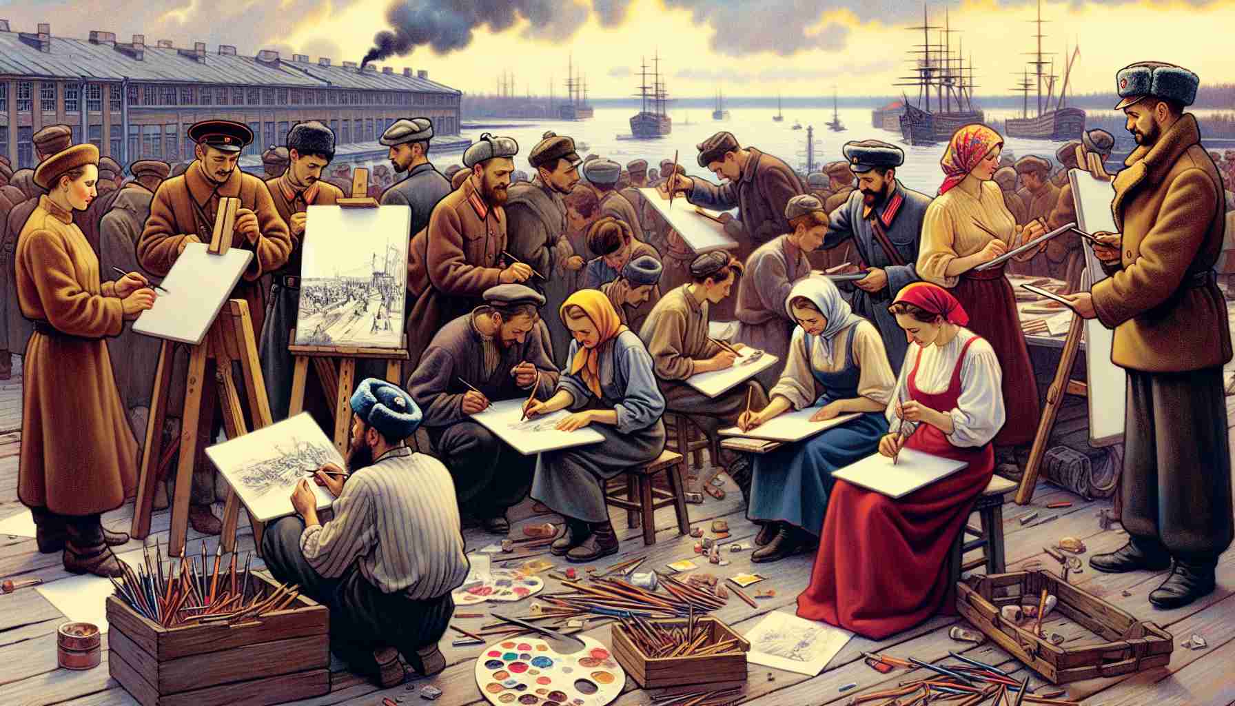 Illustrate a realistic scene from Post-War Russia where artists are embracing new opportunities. Depict a diverse group of artists, of both genders, from several descents like Caucasian and South Asian, deeply engaged in their creative processes. These activities might range from sketching landscapes to molding clay sculptures, and other art forms that were popular during the post-war period. The atmosphere should be hopeful and vibrant, portraying a sense of optimism towards the future.