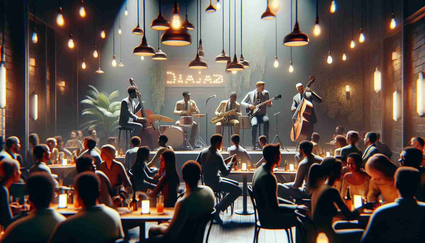 Create a high-definition, realistic image of a jazz and charity event happening on a Sunday at a location named Damajuana. Portray the atmosphere of the evening conveying the spirit of jazz music. Depict a diverse audience enjoying the music, with both male and female musicians playing various jazz instruments on the stage. Include details like atmospheric lighting, noteworthy decorations and attendees engaging in friendly chatter while sipping their drinks. The room should be filled with a warm, engaging ambiance to reflect the charitable nature of the event.