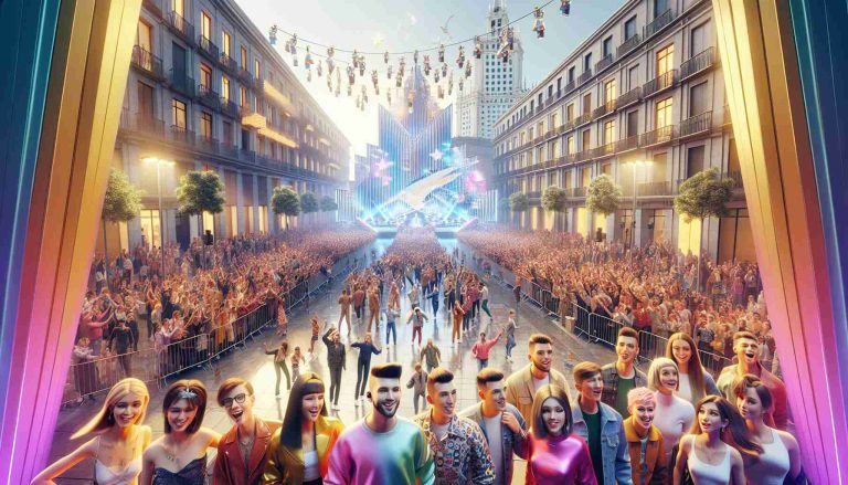 High-definition, realistic image capturing the electric atmosphere and anticipation ahead of the Junior Eurovision 2024 in Madrid, Spain. Visualize a bustling crowd comprised of a diverse range of descent - from Caucasians, Hispanics, Blacks, Middle-Eastern, to South Asians. Young excited participants, both male and female, rehearse and get ready for the grand event. The surroundings adorned with vibrant decorations reflecting the spirit of Eurovision against the city's iconic architecture.