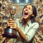 Generate an image of a high-definition realistic scene, celebrating a significant event in literature: A woman named Maria Garcia is shown emotionally delighted, clutching a trophy designed for the International Book Award of 2025. Everything exudes a sense of triumph and recognition for literary innovation.