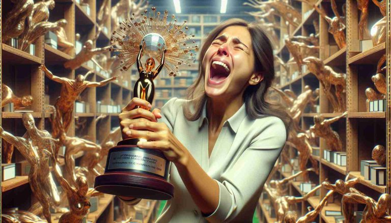 Generate an image of a high-definition realistic scene, celebrating a significant event in literature: A woman named Maria Garcia is shown emotionally delighted, clutching a trophy designed for the International Book Award of 2025. Everything exudes a sense of triumph and recognition for literary innovation.