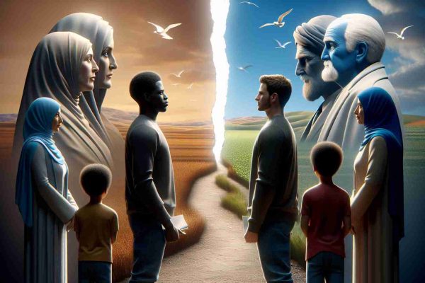 An ultra high-definition, realistic image portraying the concept of a 'Rift in the Family: A New Chapter Unfolds'. Imagine a symbolic scene possibly showing a family of four individuals - a Caucasian mother, a Black father, a Hispanic son, and a Middle-Eastern daughter, standing in front of a split path representing diverging directions. The characters should be expressing contemplation and uncertainty as they stand on the edge of this new chapter.