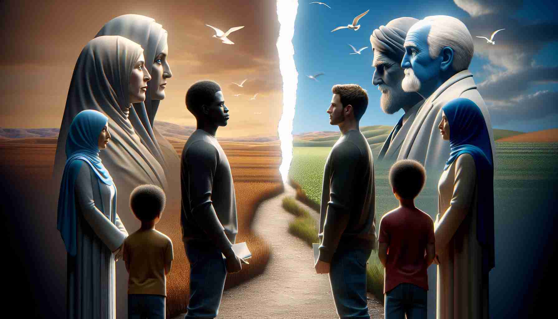 An ultra high-definition, realistic image portraying the concept of a 'Rift in the Family: A New Chapter Unfolds'. Imagine a symbolic scene possibly showing a family of four individuals - a Caucasian mother, a Black father, a Hispanic son, and a Middle-Eastern daughter, standing in front of a split path representing diverging directions. The characters should be expressing contemplation and uncertainty as they stand on the edge of this new chapter.