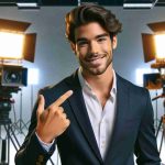 High-definition realistic image of a popular online influencer, a Hispanic male with a charismatic personality, expressing his enthusiasm for a forthcoming television project. He is standing in a broadcast studio, with television cameras and bright studio lights behind him. He is smartly dressed, in a tailored suit, communicating confidence and success.