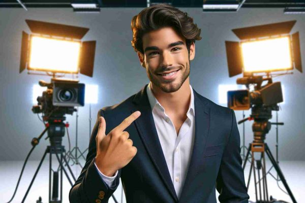 High-definition realistic image of a popular online influencer, a Hispanic male with a charismatic personality, expressing his enthusiasm for a forthcoming television project. He is standing in a broadcast studio, with television cameras and bright studio lights behind him. He is smartly dressed, in a tailored suit, communicating confidence and success.