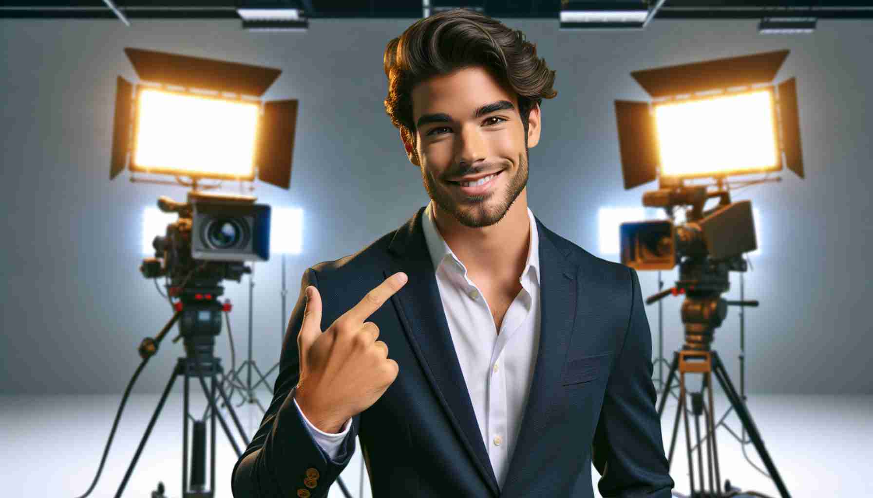 High-definition realistic image of a popular online influencer, a Hispanic male with a charismatic personality, expressing his enthusiasm for a forthcoming television project. He is standing in a broadcast studio, with television cameras and bright studio lights behind him. He is smartly dressed, in a tailored suit, communicating confidence and success.