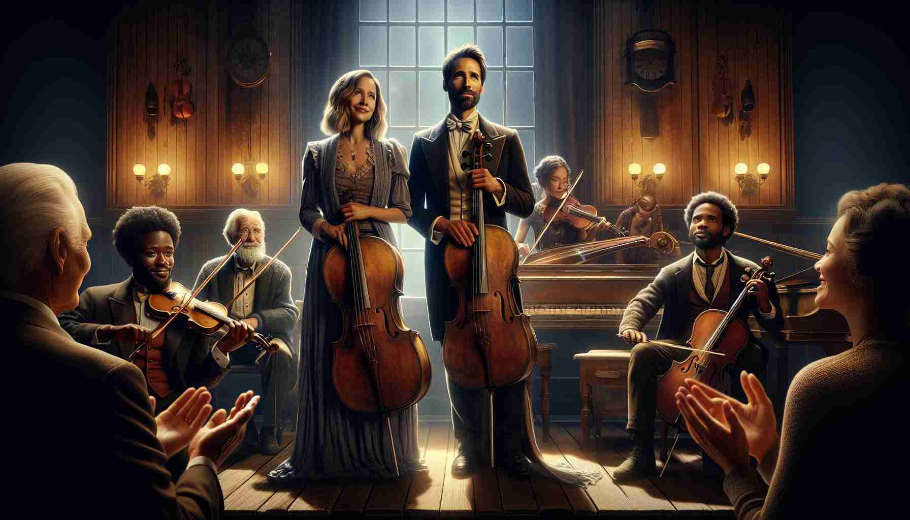 A vivid, high-definition scene depicting the farewell of a close-knit trio of musicians. One member is a Caucasian woman playing a violin, another is a Middle-Eastern male handling the cello, while the third, who acts as the pianist, is a black man. The groups' expressive eyes and poignant smiles tell a story of an end to an era. They are amidst a beautifully lit, wooden stage with vintage instruments surrounding them. A full audience applauds them generously from their seats, underscoring the respected careers of these talented musicians.