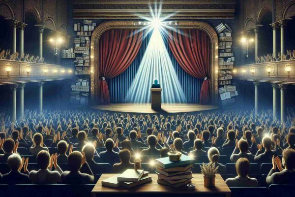 A realistic, high-definition illustration capturing the essence of Spanish Literature, with particular focus on an anonymous author receiving recognition, emphasized by a bright spotlight shining down. The setting is a grand auditorium filled with an eager audience, reverberating with applause. The stage is beautifully decorated with elements of Spanish culture to signify the renowned Spanish Literary world, while stacks of books adorn the scene, symbolizing the voluminous contributions to literature.