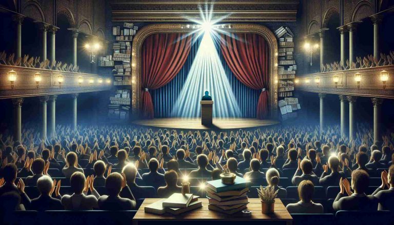 A realistic, high-definition illustration capturing the essence of Spanish Literature, with particular focus on an anonymous author receiving recognition, emphasized by a bright spotlight shining down. The setting is a grand auditorium filled with an eager audience, reverberating with applause. The stage is beautifully decorated with elements of Spanish culture to signify the renowned Spanish Literary world, while stacks of books adorn the scene, symbolizing the voluminous contributions to literature.