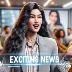 Realistic HD photo of a lady with similar physical traits to Isa Pantoja, announcing exciting news. She has long dark hair, an enthusiastic expression and is gesturing animatedly. She's wearing stylish casual attire in a room buzzing with anticipation. The text 'Exciting News' is displayed prominently.