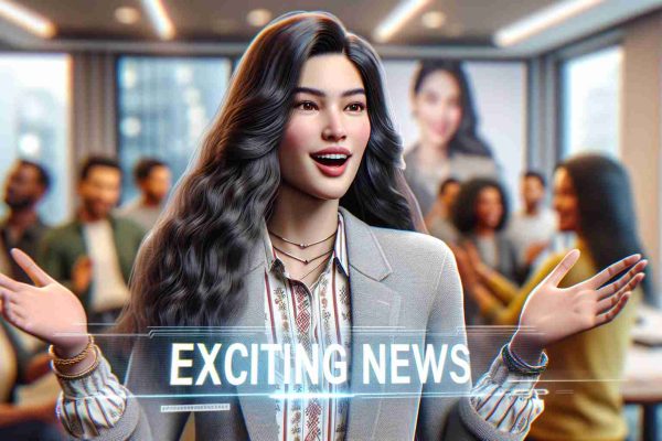 Realistic HD photo of a lady with similar physical traits to Isa Pantoja, announcing exciting news. She has long dark hair, an enthusiastic expression and is gesturing animatedly. She's wearing stylish casual attire in a room buzzing with anticipation. The text 'Exciting News' is displayed prominently.