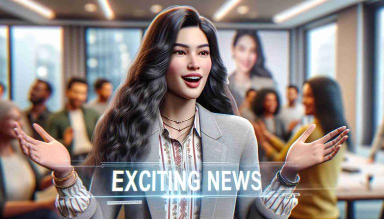 Realistic HD photo of a lady with similar physical traits to Isa Pantoja, announcing exciting news. She has long dark hair, an enthusiastic expression and is gesturing animatedly. She's wearing stylish casual attire in a room buzzing with anticipation. The text 'Exciting News' is displayed prominently.