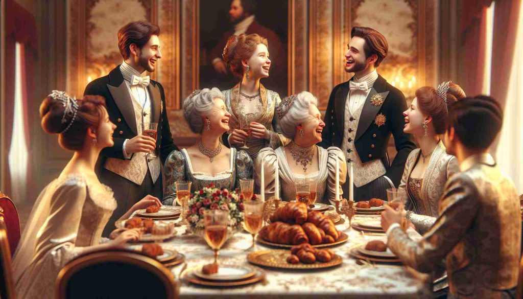 High-definition realistic photo of a regal family during a memorable evening, dressed in formal attire within a grandeur-laden room. The family is conversing and indulging in a celebratory feast with joy and laughter filling the air.