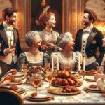 High-definition realistic photo of a regal family during a memorable evening, dressed in formal attire within a grandeur-laden room. The family is conversing and indulging in a celebratory feast with joy and laughter filling the air.