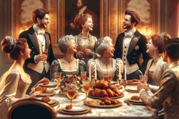 High-definition realistic photo of a regal family during a memorable evening, dressed in formal attire within a grandeur-laden room. The family is conversing and indulging in a celebratory feast with joy and laughter filling the air.