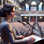 A detailed, high-definition image of a notable female public figure, elegantly dressed, who is known for her philanthropic efforts, addressing her support for disaster relief. The setting is a grand hall with high ceilings, ornate decorations, and rows of seats filled with an anticipatory audience. The woman is standing at a podium, her hands resting lightly on its surface as she speaks into a microphone. Her features express her deep concern and empathy towards the affected communities. There's a banner nearby displaying the words 'Support for Disaster Relief Efforts'.