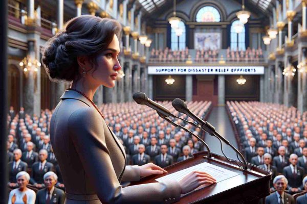 A detailed, high-definition image of a notable female public figure, elegantly dressed, who is known for her philanthropic efforts, addressing her support for disaster relief. The setting is a grand hall with high ceilings, ornate decorations, and rows of seats filled with an anticipatory audience. The woman is standing at a podium, her hands resting lightly on its surface as she speaks into a microphone. Her features express her deep concern and empathy towards the affected communities. There's a banner nearby displaying the words 'Support for Disaster Relief Efforts'.