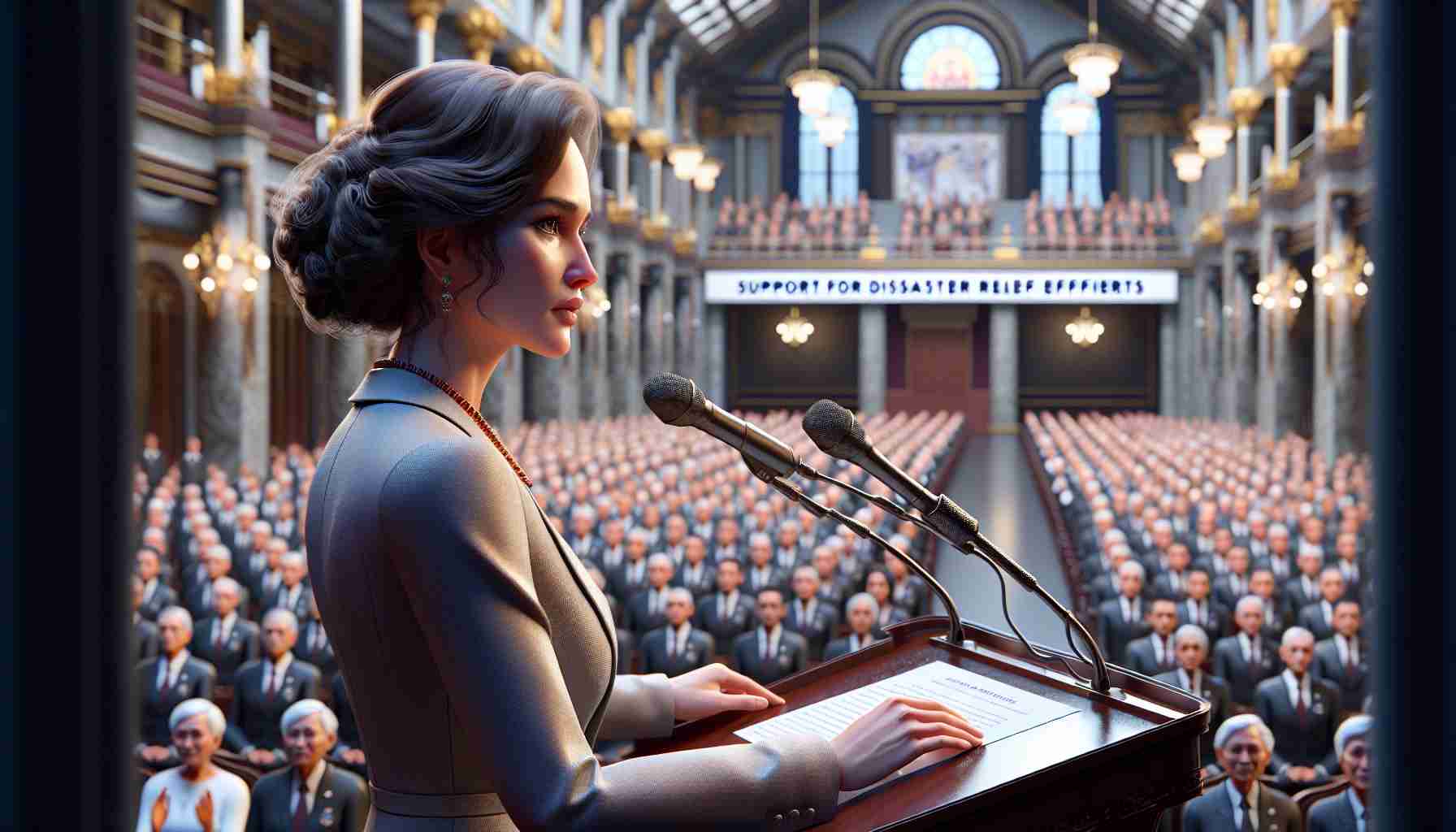 A detailed, high-definition image of a notable female public figure, elegantly dressed, who is known for her philanthropic efforts, addressing her support for disaster relief. The setting is a grand hall with high ceilings, ornate decorations, and rows of seats filled with an anticipatory audience. The woman is standing at a podium, her hands resting lightly on its surface as she speaks into a microphone. Her features express her deep concern and empathy towards the affected communities. There's a banner nearby displaying the words 'Support for Disaster Relief Efforts'.