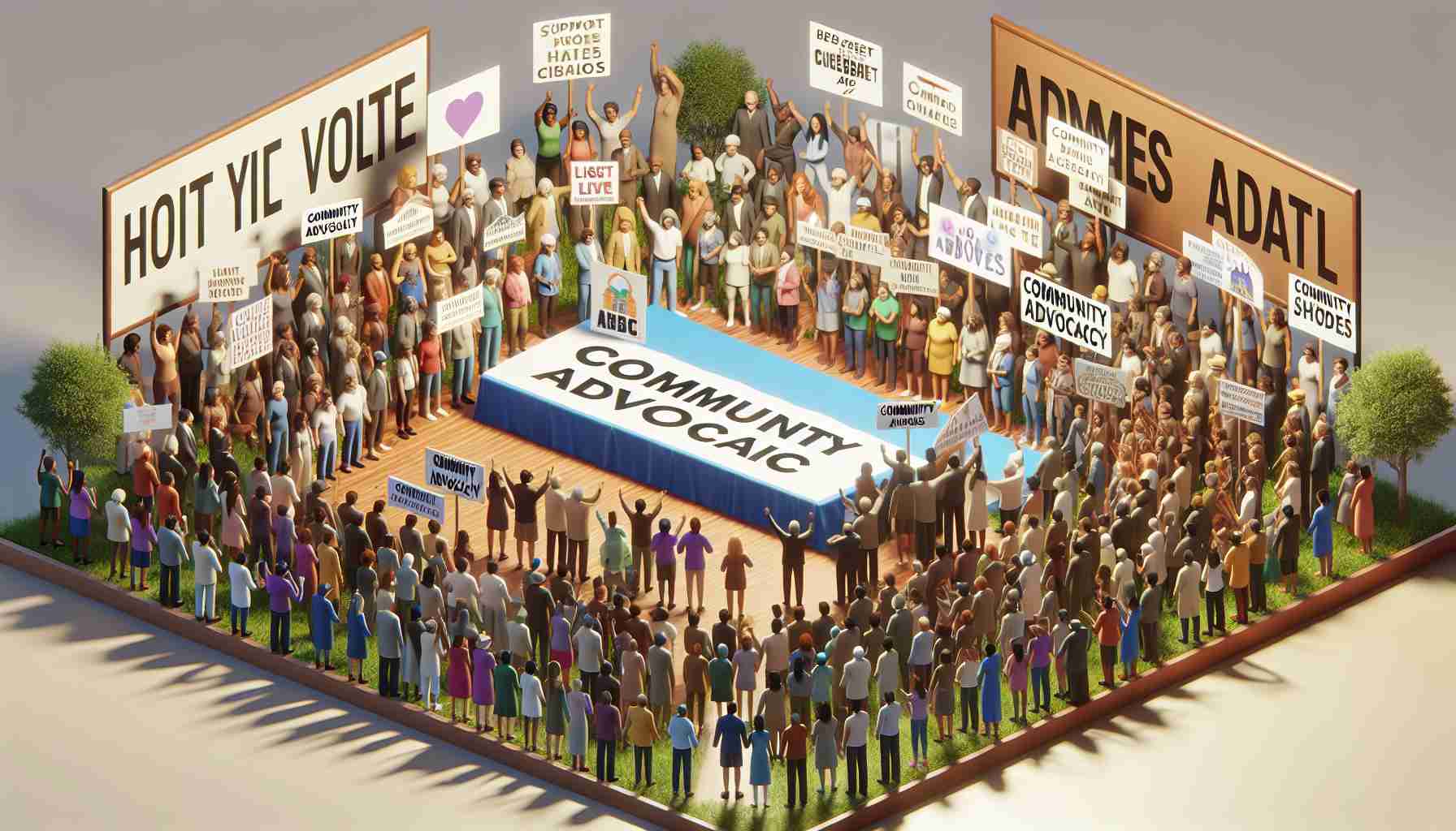 A high-definition, true-to-life rendering of a celebration paying homage to community advocacy. The image should depict a diverse gathering of individuals, all dedicated to the cause of community advocacy. There are banners and posters around showing support and appreciation for the advocates. It should convey a sense of unity, support, and respect for these unsung heroes whose dedication and hard work help to uplift and improve their communities.